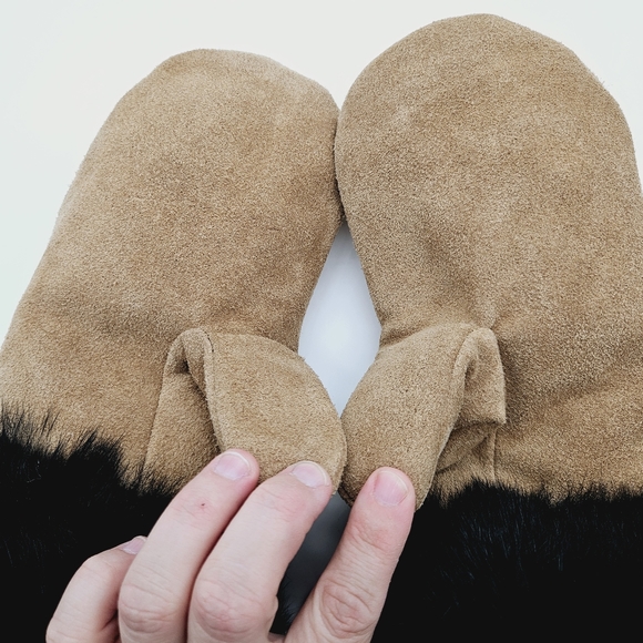 HANDMADE | suede leather fur trimmed plush lined winter mits mittens - Picture 4 of 7